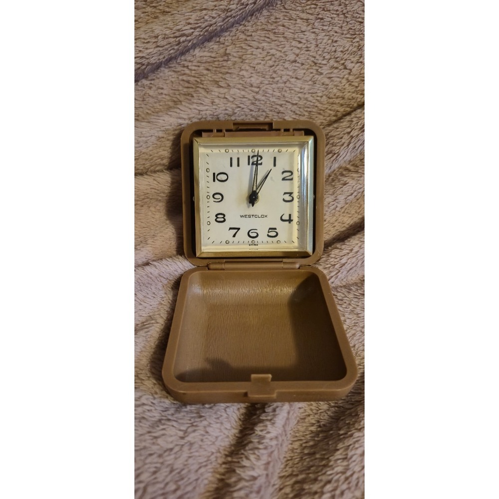 Vintage‎ Westclox Travel Alarm Clock Fold Up Brown Quartz
